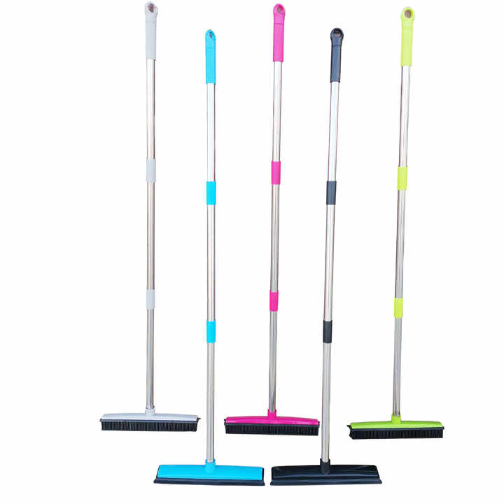 Green and Silver Versatile Pet Hair Remover Rubber Broom & Squeegee - 125cm Adjustable Stainless Steel Handle for Carpets, Floors & Windows