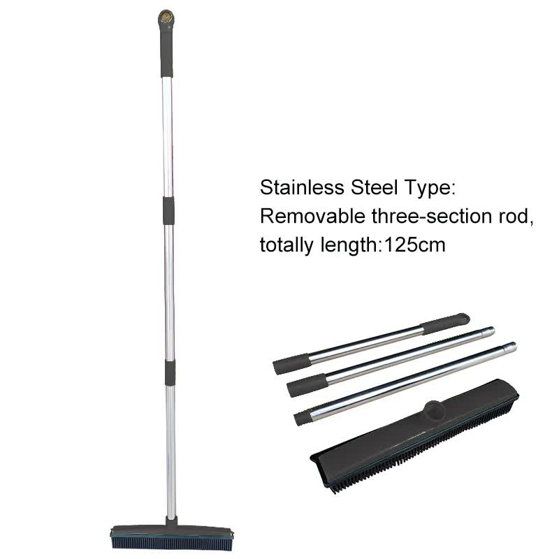 Black and Silver Versatile Pet Hair Remover Rubber Broom &amp; Squeegee - 125cm Adjustable Stainless Steel Handle for Carpets, Floors &amp; Windows