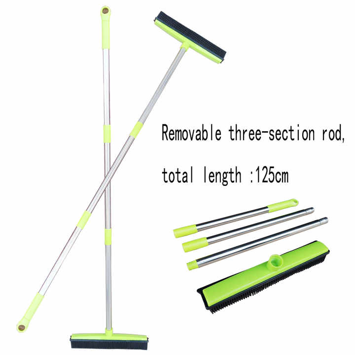 Black and Silver Versatile Pet Hair Remover Rubber Broom & Squeegee - 125cm Adjustable Stainless Steel Handle for Carpets, Floors & Windows