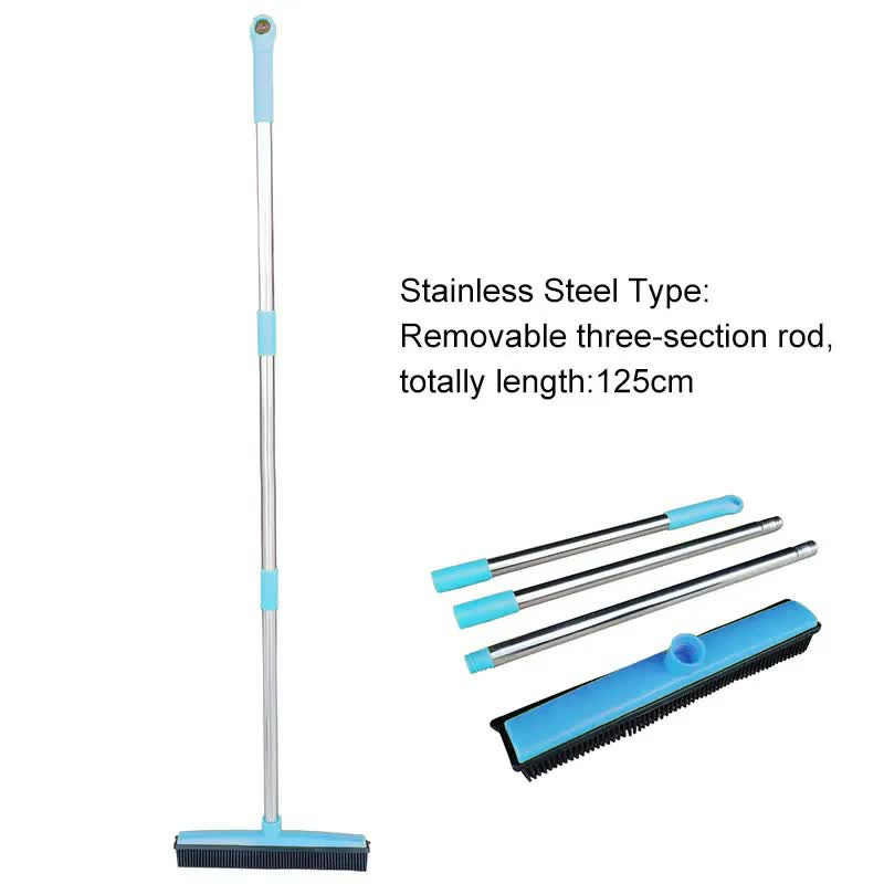 Blue and Silver Versatile Pet Hair Remover Rubber Broom &amp; Squeegee - 125cm Adjustable Stainless Steel Handle for Carpets, Floors &amp; Windows