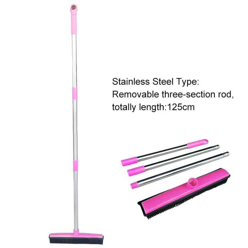 Pink and Silver Versatile Pet Hair Remover Rubber Broom &amp; Squeegee - 125cm Adjustable Stainless Steel Handle for Carpets, Floors &amp; Windows
