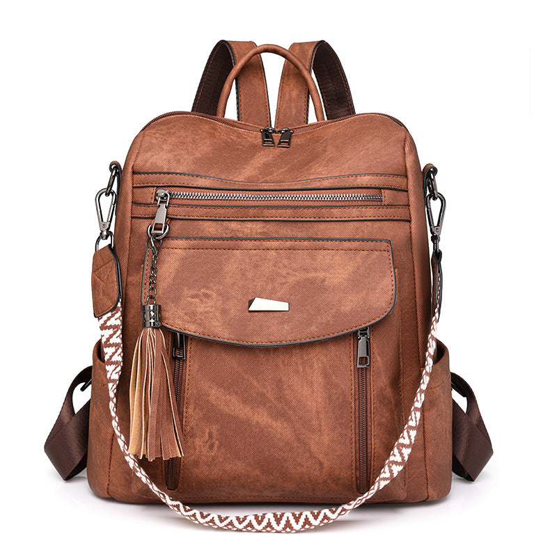Brown Chic Women&#39;s PU Leather Convertible Backpack - Anti-Theft Design, Multi-Pocket Shoulder Bag with Tassel