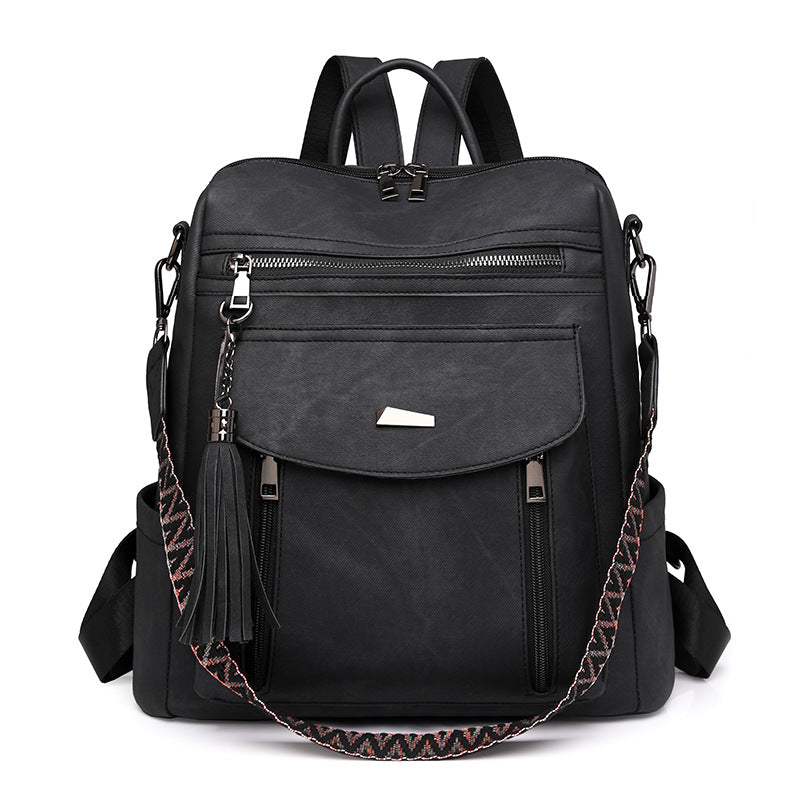 Black Chic Women&#39;s PU Leather Convertible Backpack - Anti-Theft Design, Multi-Pocket Shoulder Bag with Tassel