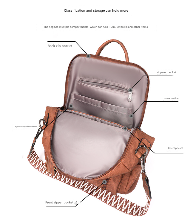 Black Chic Women's PU Leather Convertible Backpack - Anti-Theft Design, Multi-Pocket Shoulder Bag with Tassel