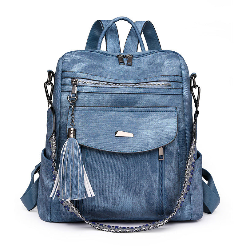 Blue Chic Women&#39;s PU Leather Convertible Backpack - Anti-Theft Design, Multi-Pocket Shoulder Bag with Tassel