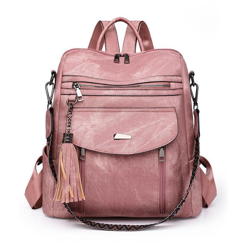 Pink Chic Women&#39;s PU Leather Convertible Backpack - Anti-Theft Design, Multi-Pocket Shoulder Bag with Tassel