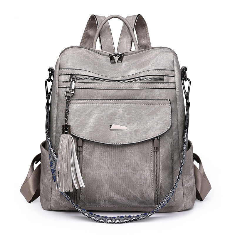 Grey Chic Women&#39;s PU Leather Convertible Backpack - Anti-Theft Design, Multi-Pocket Shoulder Bag with Tassel