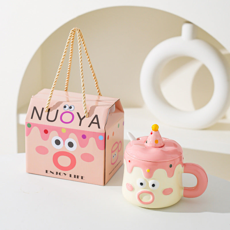 Pink Adorable Cartoon Character Ceramic Mug Set - 420ml with Fun Cake Design Lid &amp; Matching Spoon - Perfect Gift