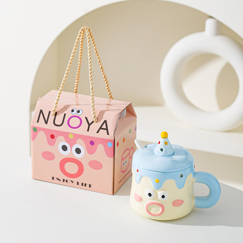 Blue Adorable Cartoon Character Ceramic Mug Set - 420ml with Fun Cake Design Lid &amp; Matching Spoon - Perfect Gift