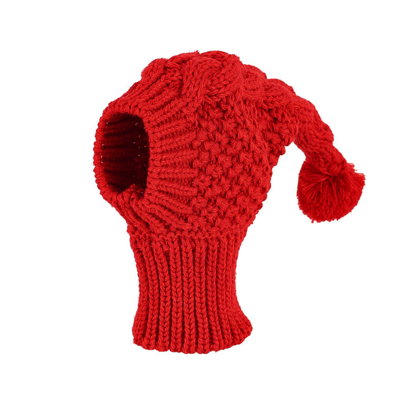 Size L Red Whimsical Knit Dog Hat with Pom-Pom - Cozy Winter Pet Beanie &amp; Snood