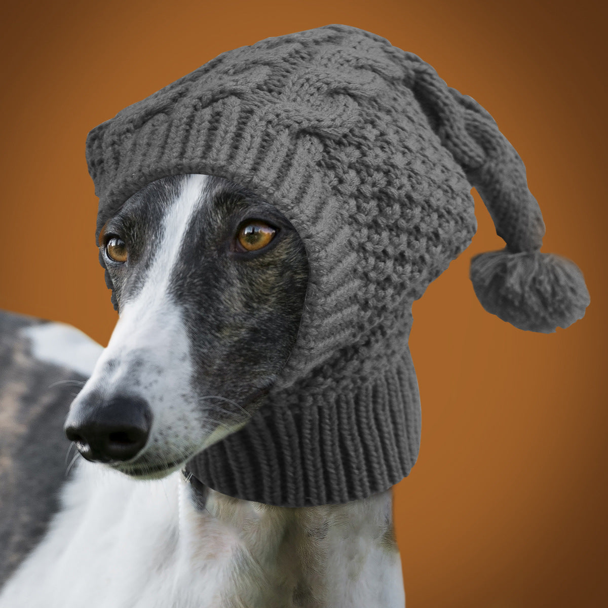 Size L Grey Whimsical Knit Dog Hat with Pom-Pom - Cozy Winter Pet Beanie &amp; Snood