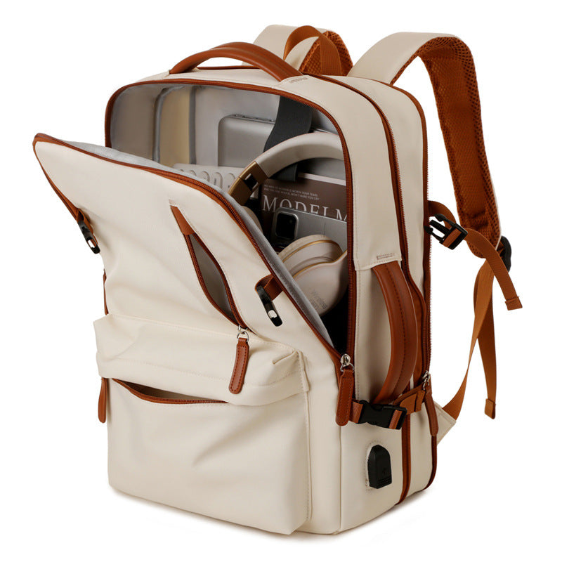 Beige Expandable Laptop Backpack with USB Port - Stylish Travel & Business Daypack