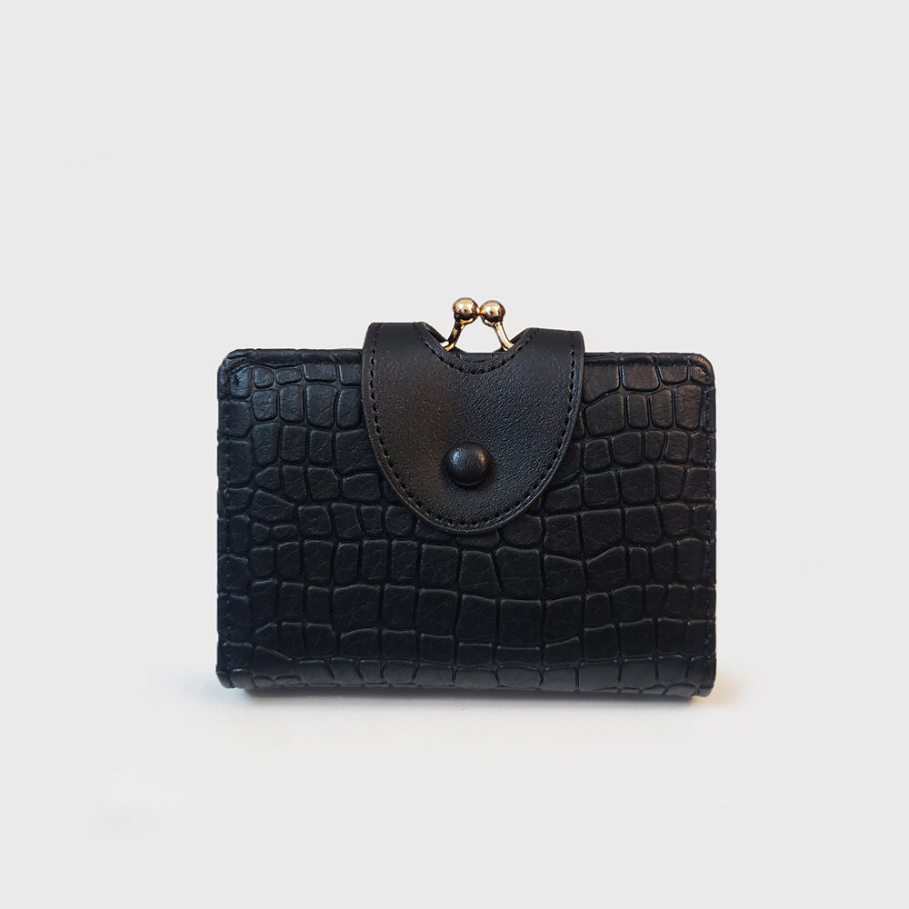 Black Elegant Croc Embossed Womens Wallet - Short PU Leather Bifold with Removable Kisslock Coin Purse & Card Holder