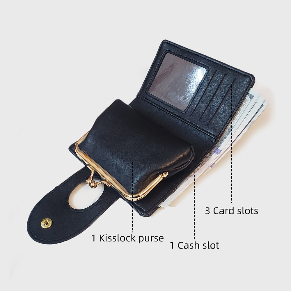 Black Elegant Croc Embossed Womens Wallet - Short PU Leather Bifold with Removable Kisslock Coin Purse & Card Holder