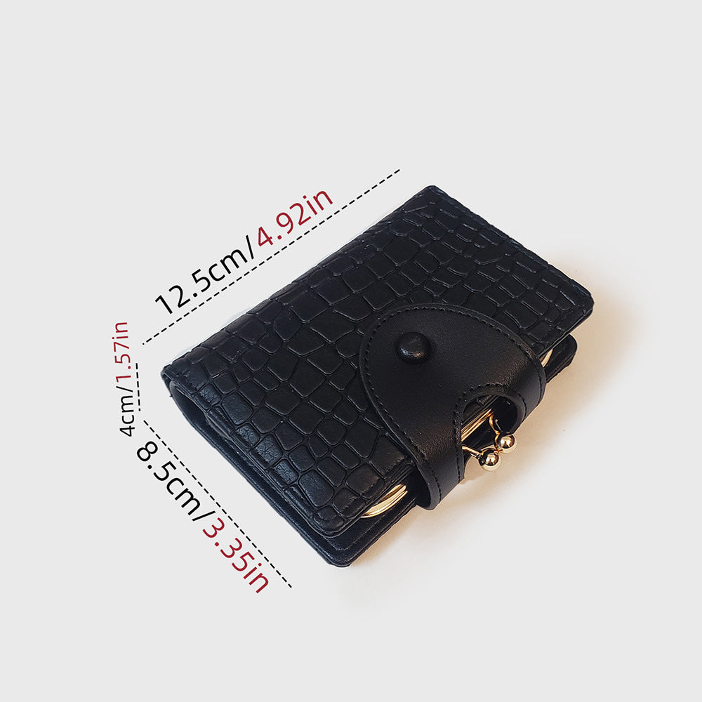 Black Elegant Croc Embossed Womens Wallet - Short PU Leather Bifold with Removable Kisslock Coin Purse & Card Holder