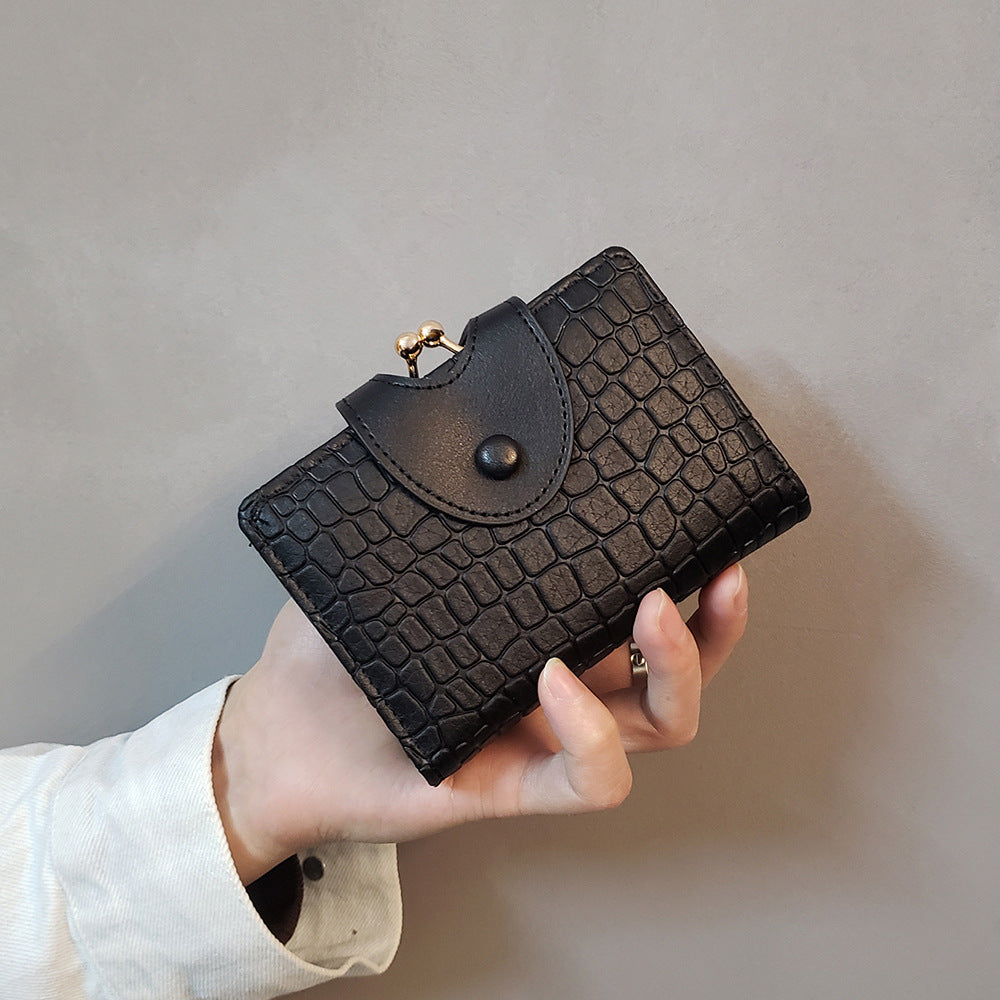 Black Elegant Croc Embossed Womens Wallet - Short PU Leather Bifold with Removable Kisslock Coin Purse & Card Holder