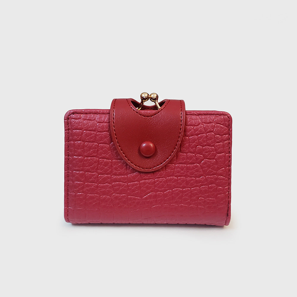 Red Elegant Croc Embossed Womens Wallet - Short PU Leather Bifold with Removable Kisslock Coin Purse &amp; Card Holder