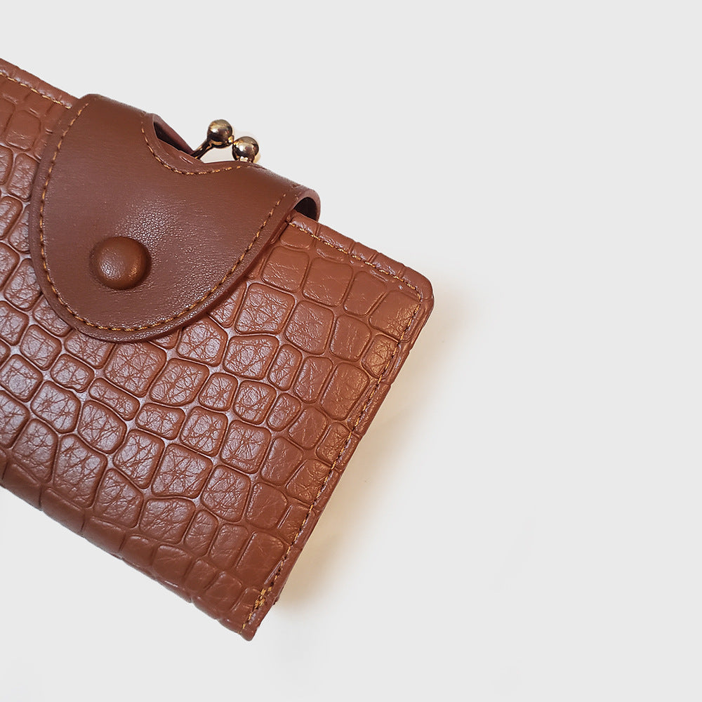 Brown Elegant Croc Embossed Womens Wallet - Short PU Leather Bifold with Removable Kisslock Coin Purse & Card Holder
