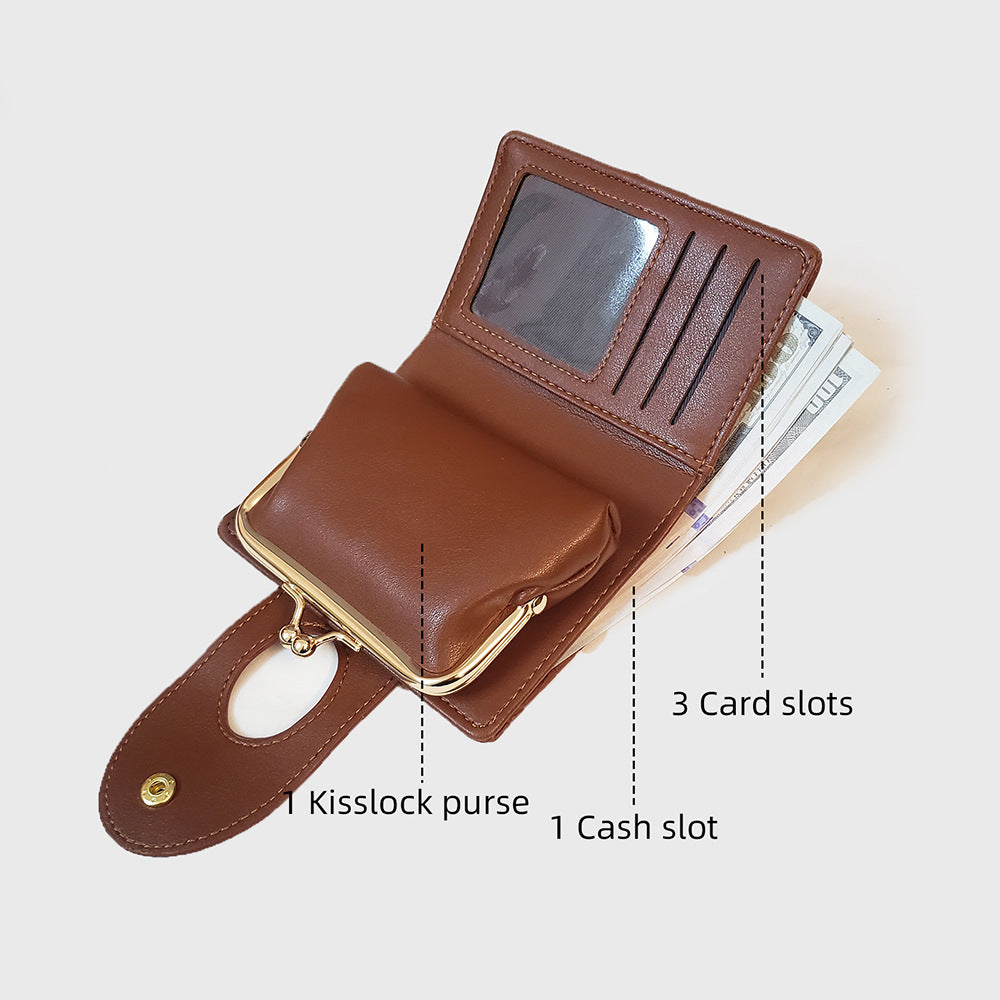 Brown Elegant Croc Embossed Womens Wallet - Short PU Leather Bifold with Removable Kisslock Coin Purse & Card Holder
