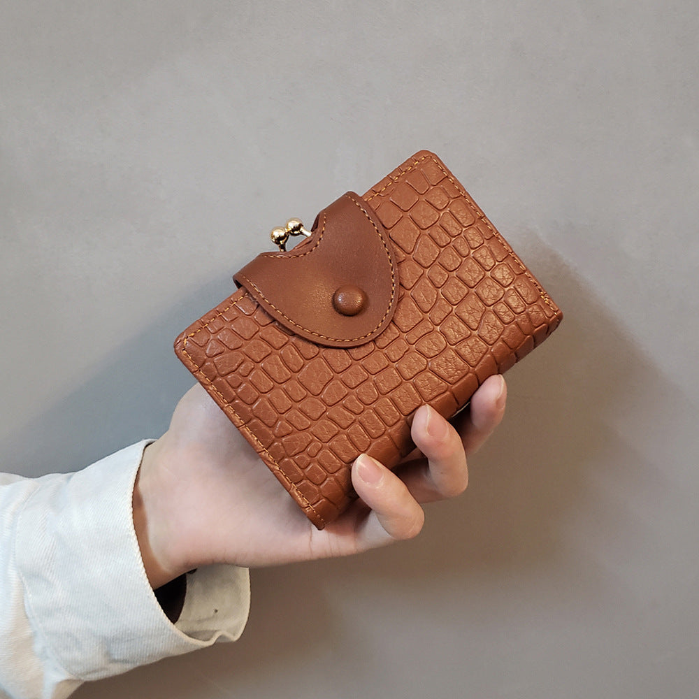 Brown Elegant Croc Embossed Womens Wallet - Short PU Leather Bifold with Removable Kisslock Coin Purse & Card Holder