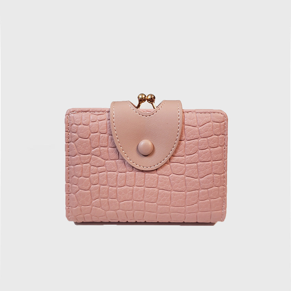 Pink Elegant Croc Embossed Womens Wallet - Short PU Leather Bifold with Removable Kisslock Coin Purse &amp; Card Holder