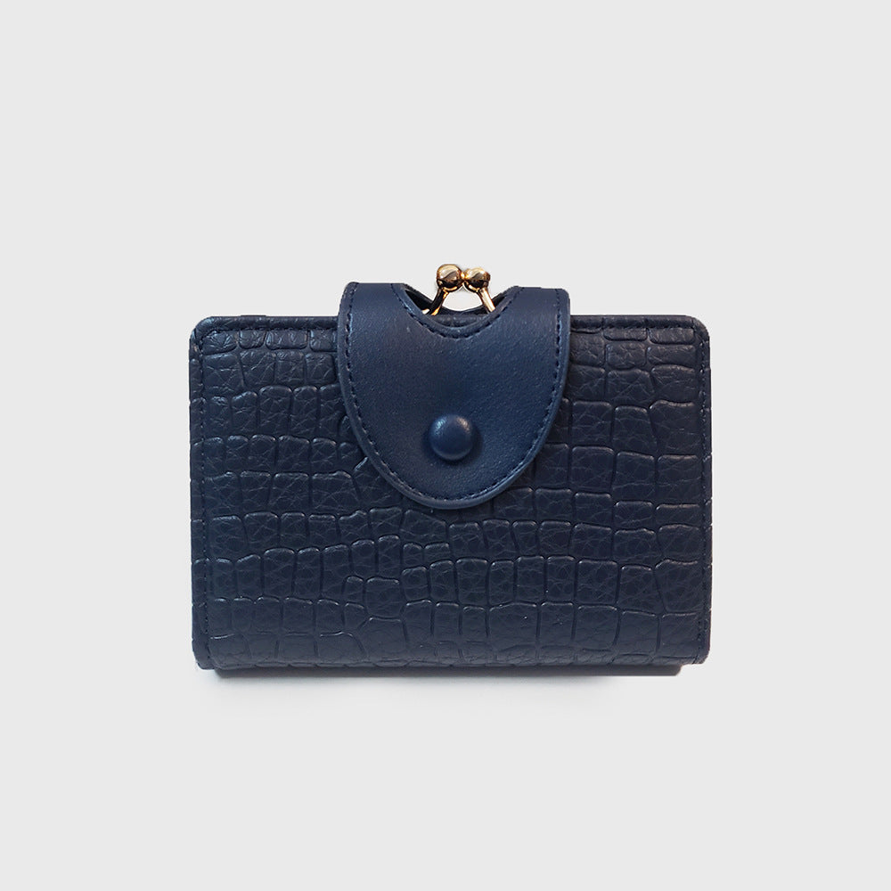 Dark Blue Elegant Croc Embossed Womens Wallet - Short PU Leather Bifold with Removable Kisslock Coin Purse &amp; Card Holder