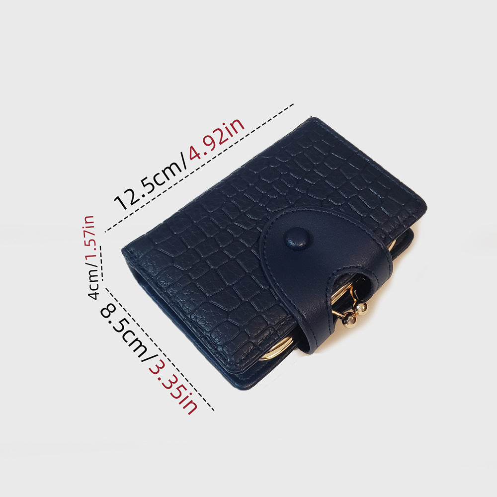 Dark Blue Elegant Croc Embossed Womens Wallet - Short PU Leather Bifold with Removable Kisslock Coin Purse & Card Holder
