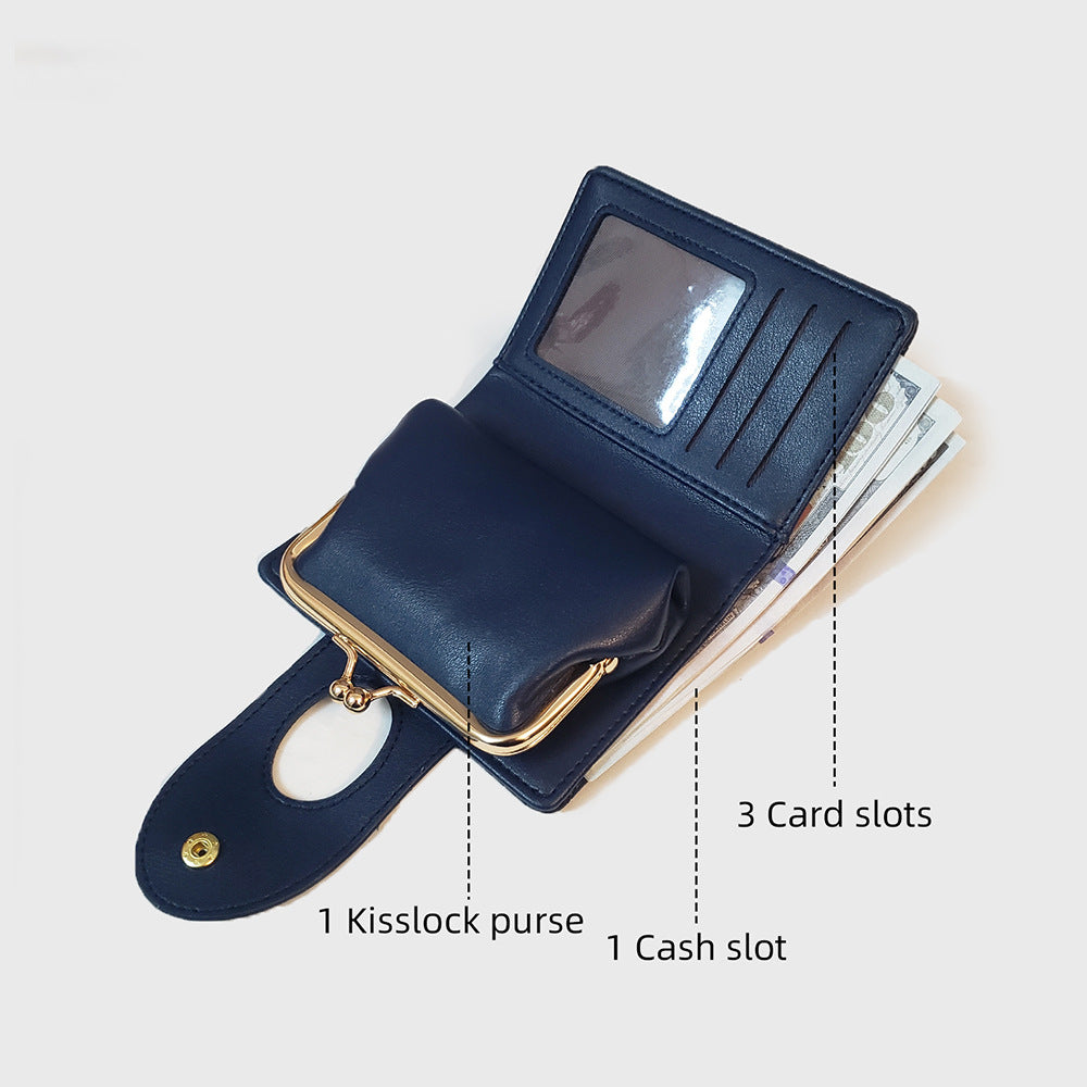 Dark Blue Elegant Croc Embossed Womens Wallet - Short PU Leather Bifold with Removable Kisslock Coin Purse & Card Holder