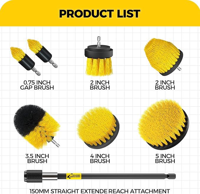 Yellow and Black  6 Pack Drill Brush Power Scrubber Cleaning Brush Extended Long Attachment Set All Purpose Drill Scrub Brushes Kit for Grout, Floor, Tub, Shower, Tile, Bathroom and Kitchen Surface