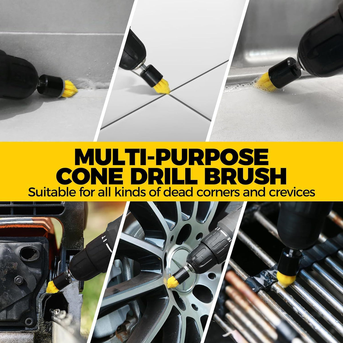 Yellow and Black  6 Pack Drill Brush Power Scrubber Cleaning Brush Extended Long Attachment Set All Purpose Drill Scrub Brushes Kit for Grout, Floor, Tub, Shower, Tile, Bathroom and Kitchen Surface