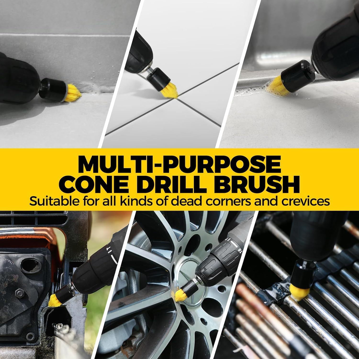 Yellow and Black  6 Pack Drill Brush Power Scrubber Cleaning Brush Extended Long Attachment Set All Purpose Drill Scrub Brushes Kit for Grout, Floor, Tub, Shower, Tile, Bathroom and Kitchen Surface
