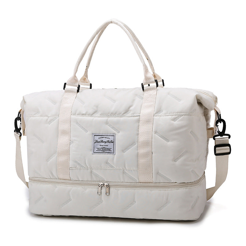 White Stylish Quilted Duffel Bag for Travel &amp; Gym - Large Capacity Weekender with Shoe Compartment and Wet Pocket