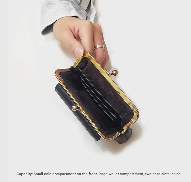 Black Vintage Style Women's Kiss Lock Coin Purse - Compact PU Leather Wallet with Card Holder