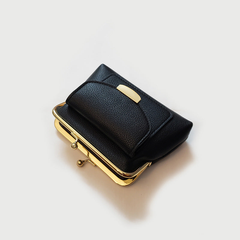 Black Vintage Style Women's Kiss Lock Coin Purse - Compact PU Leather Wallet with Card Holder