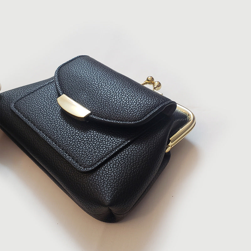 Black Vintage Style Women's Kiss Lock Coin Purse - Compact PU Leather Wallet with Card Holder