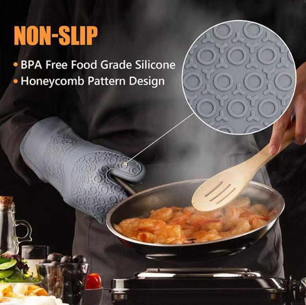 Grey 6-Piece Silicone Oven Mitts and Pot Holders Set - Extra Long Waterproof Heat Resistant Gloves with Non-Slip Grip for Kitchen Baking BBQ