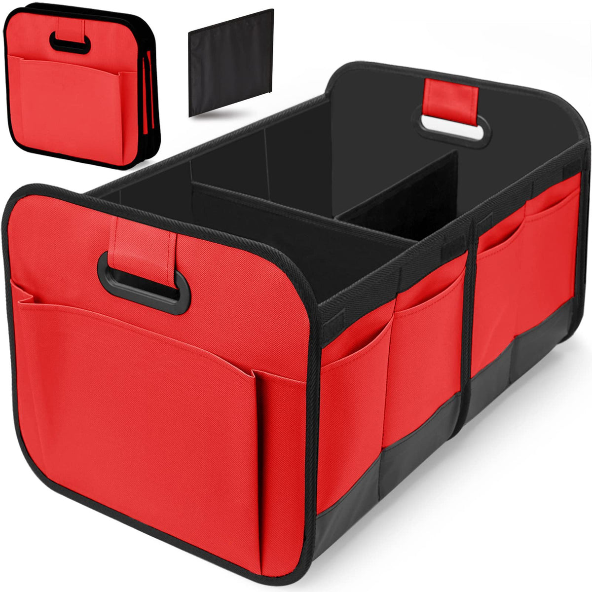 Red and Black Heavy Duty Collapsible Car Boot Organiser - Large 65L Waterproof Trunk Storage Box with Compartments for SUV &amp; Car