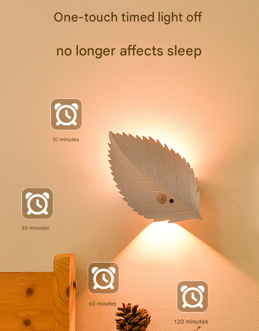 White Leaf-Shaped LED Motion Sensor Night Light - USB Rechargeable Wireless Wall Lamp with Remote Control