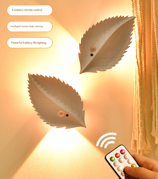 White RGB Color-Changing Leaf LED Night Light - Wireless Motion Sensor Wall Lamp with Remote Control for Ambiance Lighting