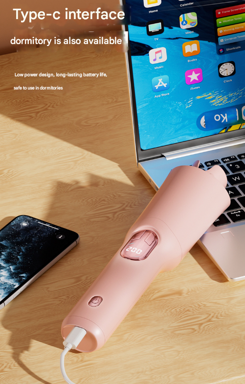 Pink Portable Cordless Hair Curler - USB-C Rechargeable Automatic Hair Waver with Ceramic Barrel & Anti-Scald Design