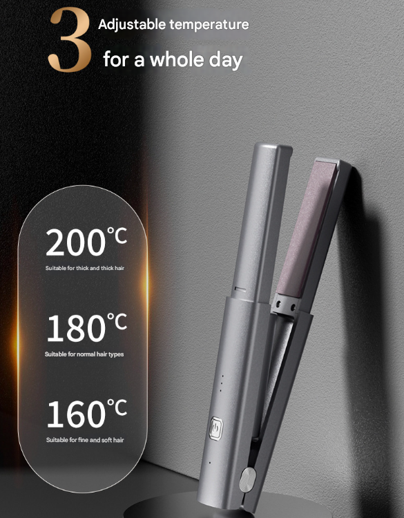 Dark Grey Compact Cordless Hair Straightener - Portable 2-in-1 Mini Flat Iron, USB-C Rechargeable for Travel & Touch-ups