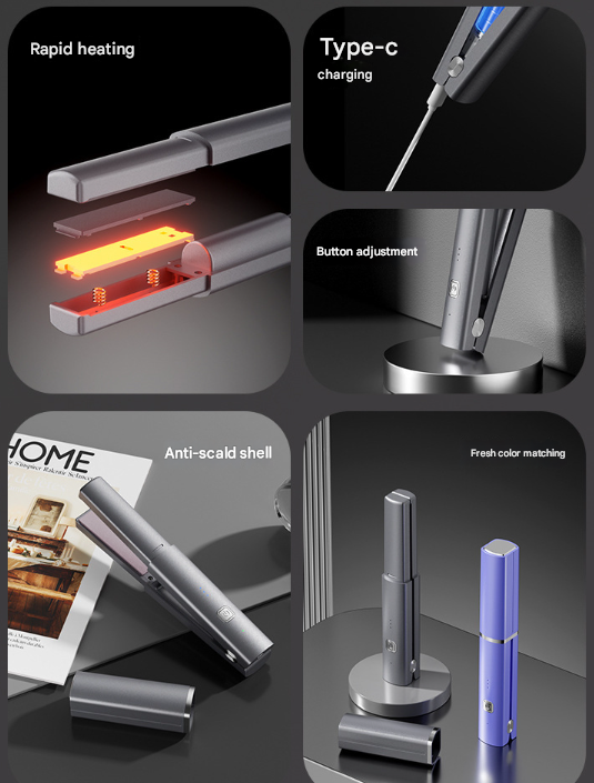 Dark Grey Compact Cordless Hair Straightener - Portable 2-in-1 Mini Flat Iron, USB-C Rechargeable for Travel & Touch-ups