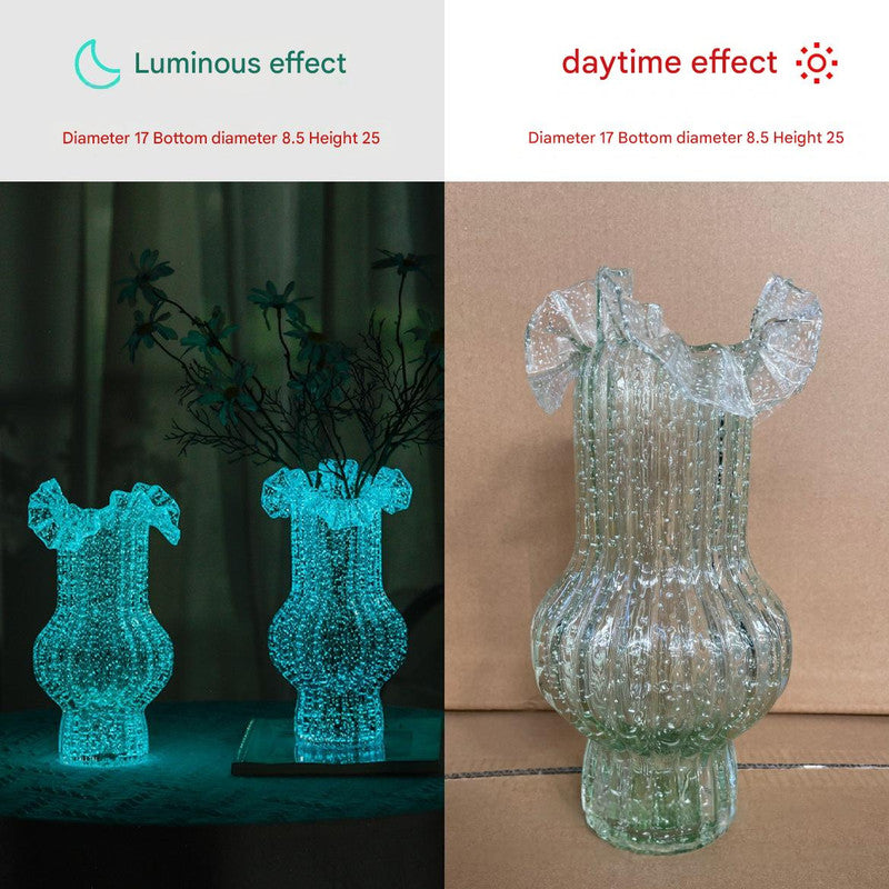 Green Elegant Glow-in-the-Dark Glass Vase - Vintage-Style Ruffled &amp; Ribbed Centrepiece
