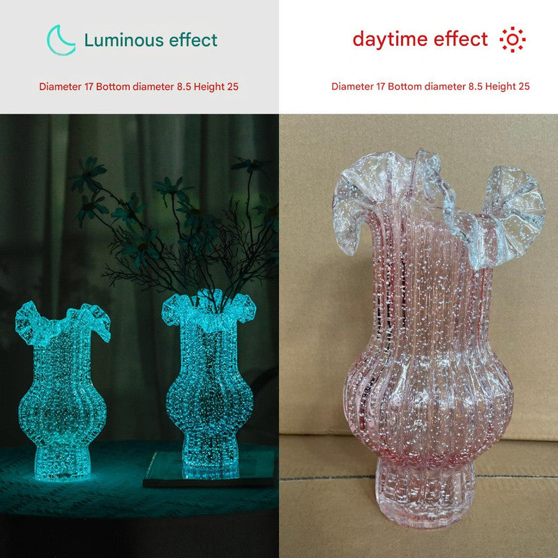 Pink Elegant Glow-in-the-Dark Glass Vase - Vintage-Style Ruffled &amp; Ribbed Centrepiece