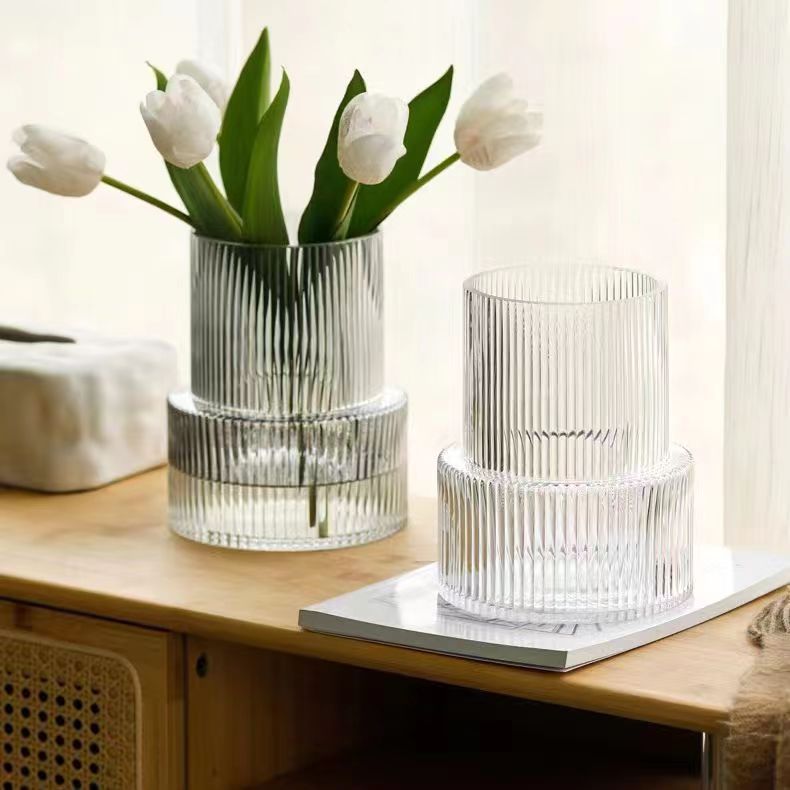 Transparent Modern Two-Tier Ribbed Glass Vase - Elegant Cylindrical Flower Centrepiece for Home Decor
