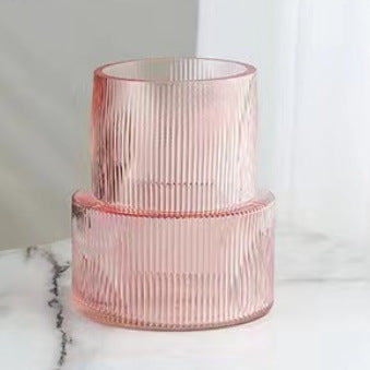 Pink Modern Two-Tier Ribbed Glass Vase - Elegant Cylindrical Flower Centrepiece for Home Decor