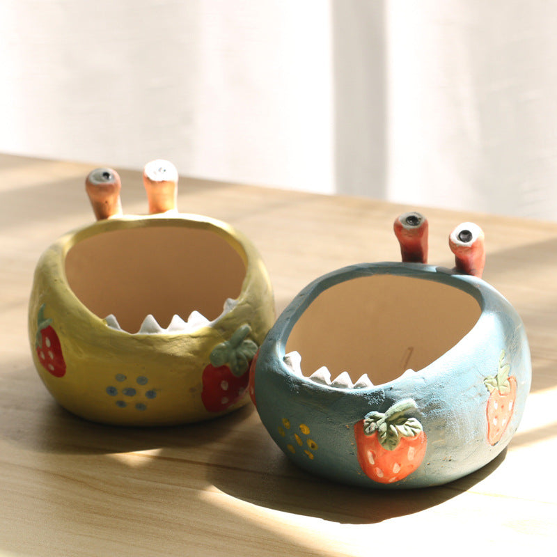 2 Pcs Yellow Whimsical Monster Ceramic Succulent Planter - Hand-Painted Character Pot with Drainage