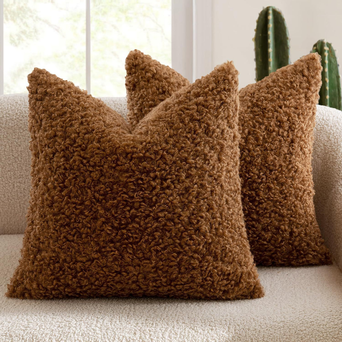 2 Pcs Brown Cozy Teddy Boucle Cushion Cover - Plush Decorative Square Pillow Case for Sofa &amp; Bed