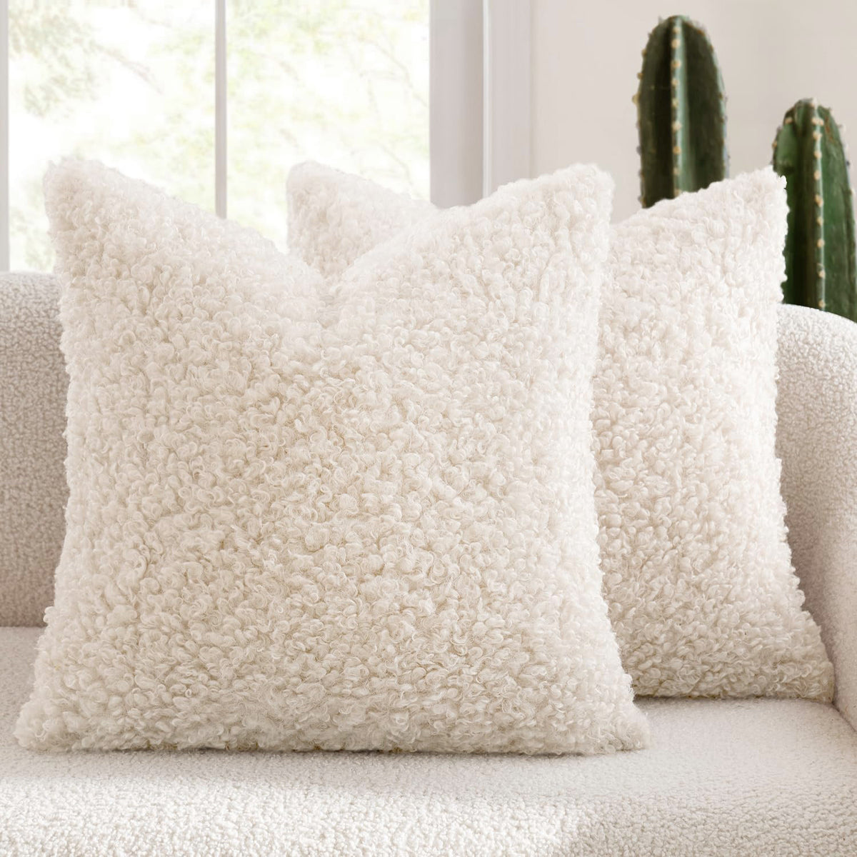 2 Pcs White Cozy Teddy Boucle Cushion Cover - Plush Decorative Square Pillow Case for Sofa &amp; Bed