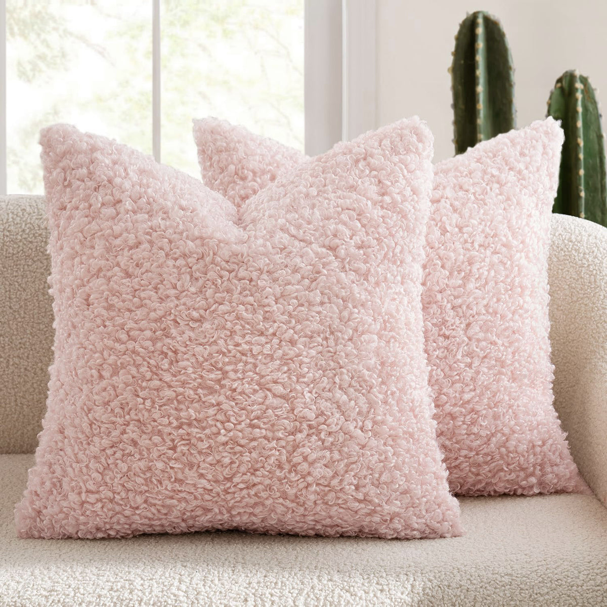 2 Pcs Pink Cozy Teddy Boucle Cushion Cover - Plush Decorative Square Pillow Case for Sofa &amp; Bed